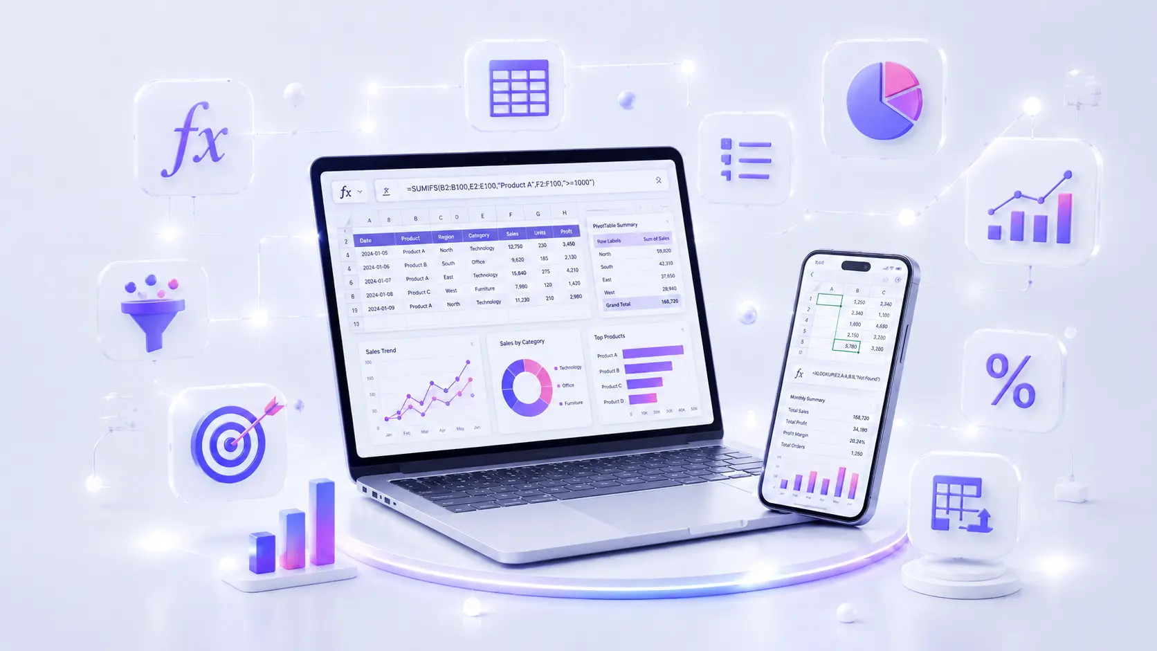 Advanced Excel dashboard illustration with formulas, pivot tables and charts — Advanced Excel Course at ACME IT Centre Dehradun