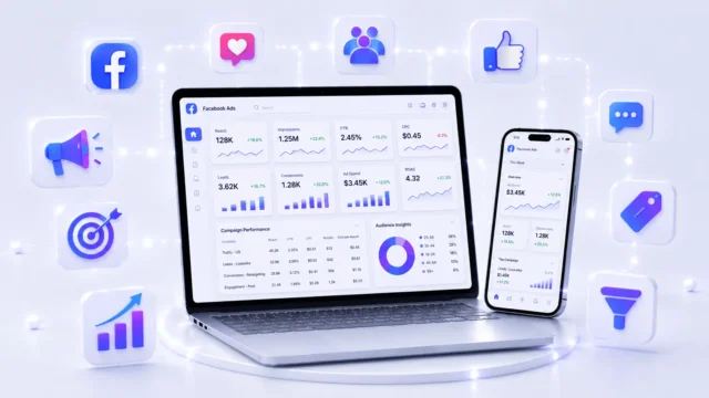 Facebook Ads dashboard illustration with reach, conversions and social engagement icons — Facebook Marketing Course at ACME IT Centre Dehradun