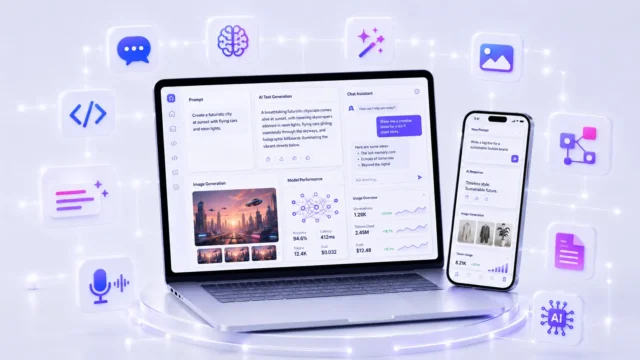 Generative AI dashboard illustration with text prompts, image generation and chat assistant — Generative AI Course at ACME IT Centre Dehradun