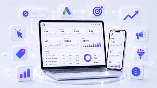 Google Ads campaign dashboard illustration showing clicks, impressions and conversions — Google Ads Course at ACME IT Centre Dehradun