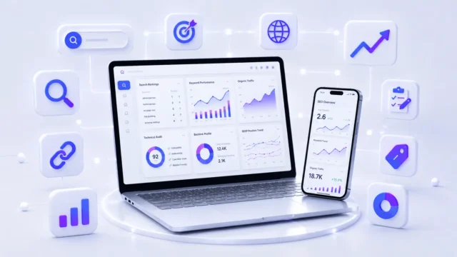 Marketing analytics dashboard illustration with rankings, traffic and performance charts — Performance Marketing Course at ACME IT Centre Dehradun