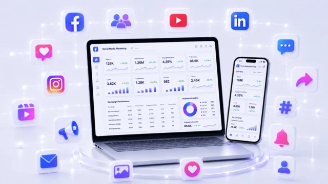 Social media marketing dashboard illustration with Facebook, Instagram, YouTube and LinkedIn icons — Social Media Marketing Course at ACME IT Centre Dehradun