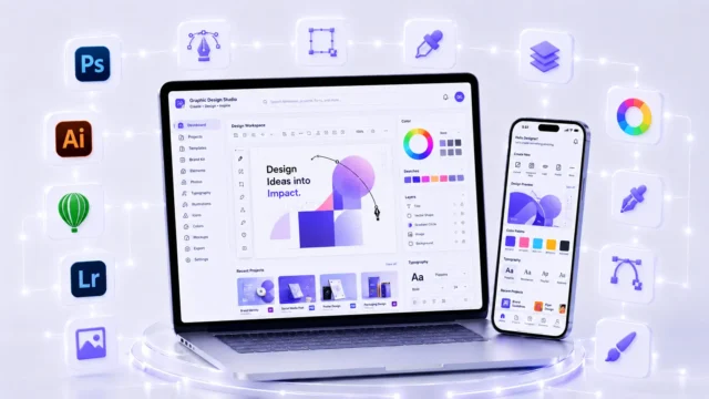 Graphic design studio dashboard illustration with Photoshop, Illustrator and colour tools — Graphic Design Course at ACME IT Centre Dehradun
