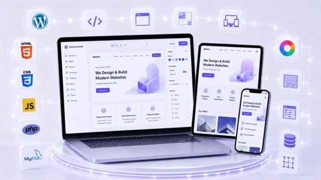 Website builder illustration on laptop, tablet and phone with HTML, CSS, JavaScript and WordPress icons — Website Design and Development Course at ACME IT Centre Dehradun