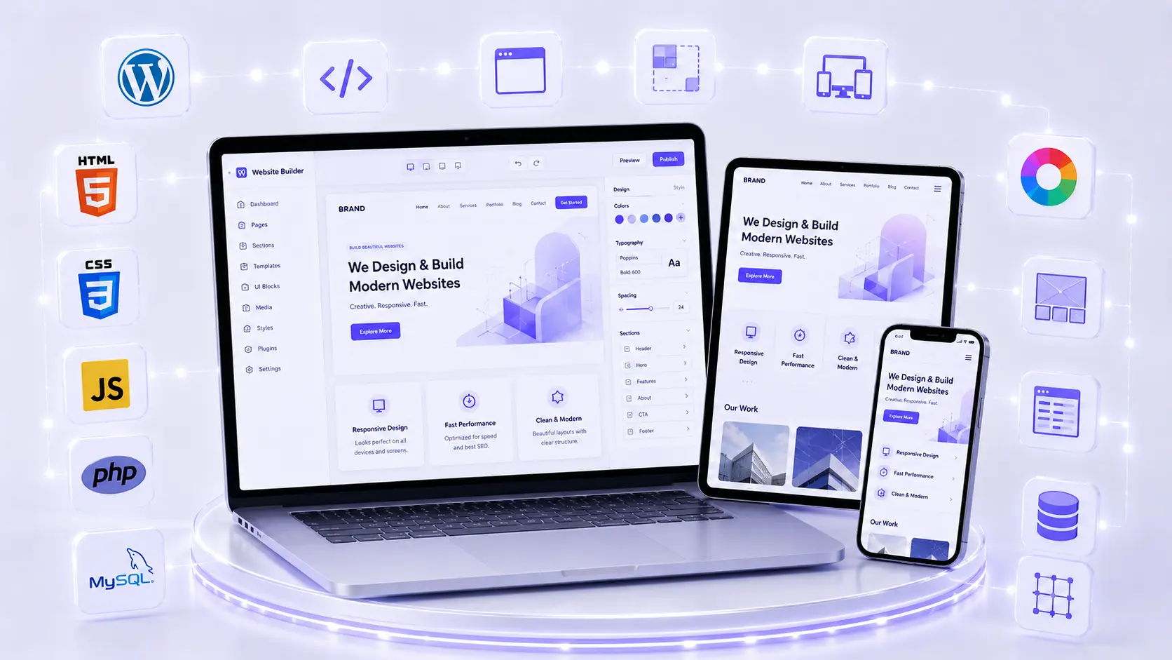 Website builder illustration on laptop, tablet and phone with HTML, CSS, JavaScript and WordPress icons — Website Design and Development Course at ACME IT Centre Dehradun