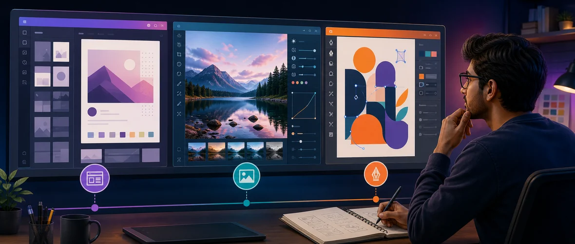 Beginner designer comparing template design, photo editing and vector illustration workflows