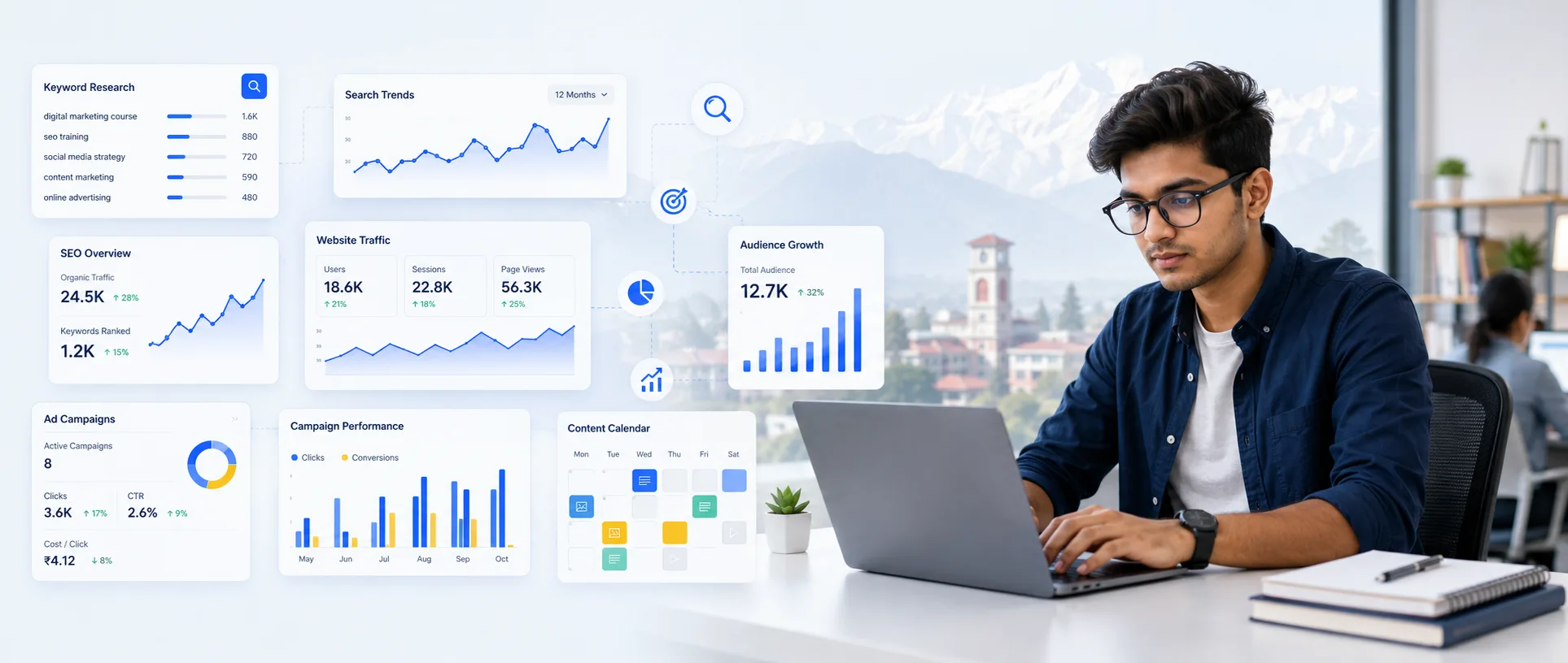 Student learning SEO, social media and digital advertising in Dehradun