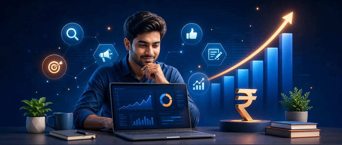 Digital marketing salary growth in India with analytics dashboard and rupee symbol