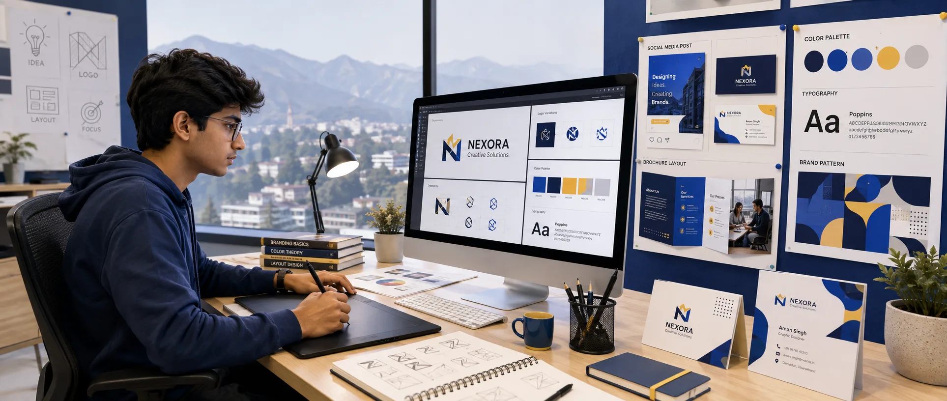Creative student working on graphic design and branding projects