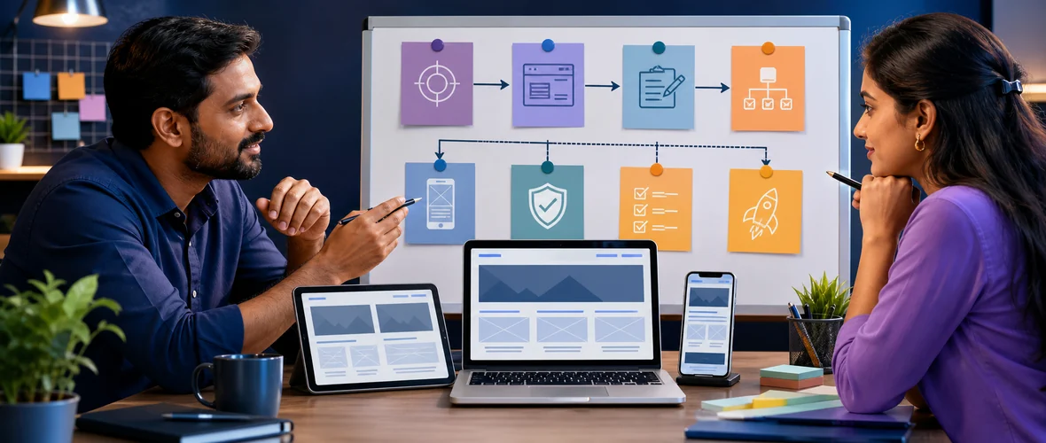 Business owner and designer planning website goals, pages, mobile layouts, security and launch checks